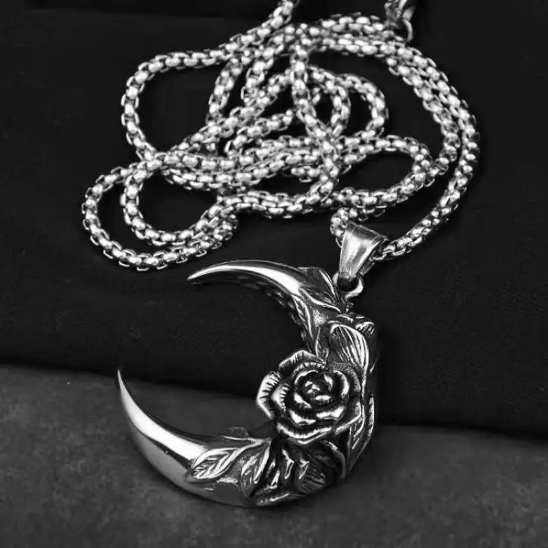 Antique Silver Crescent Necklace For Women Female Vintage Rose Flower Carving Pendant Necklace Punk Party Necklace Jewelry Gifts