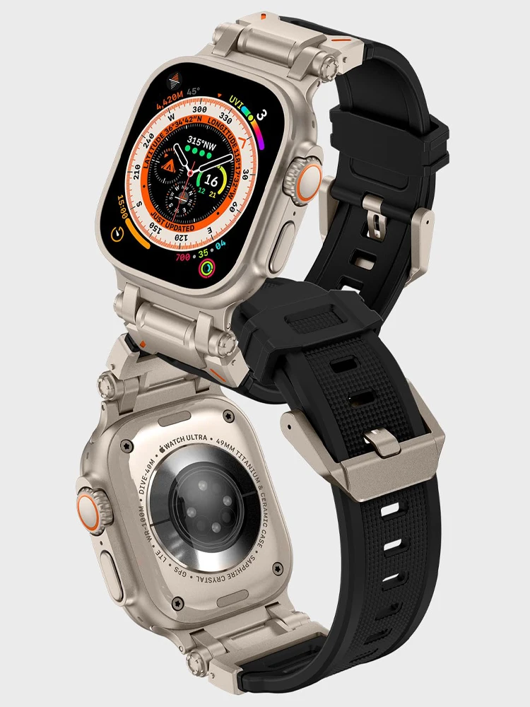 Силиконовый ремешок для Apple Watch Ultra 2 49 мм 45 44 42 прочный металлический + резиновый