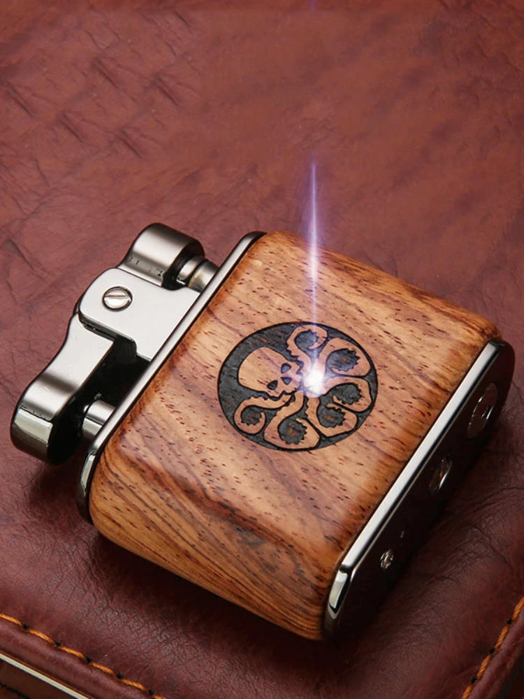 

Sandalwood Nostalgic Retro Kerosene Press Windproof Open Flame Lighter Personality Outdoor Camping Ignition Tool Men's Gift