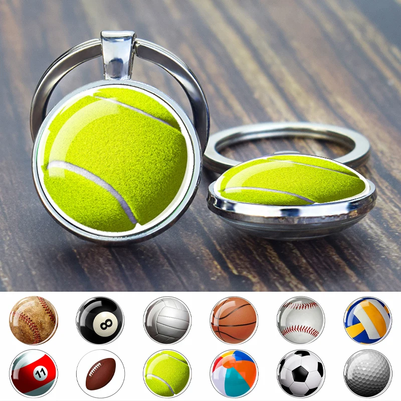 Creative Football Pendant Keychain Double Side Sports Ball Basketball Tennis Golf Volleyball Glass Cabochon Gem Keyrings Pendant