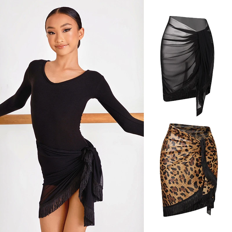 Новая одежда для латинских танцев девочек черная леопардовая сетчатая юбка