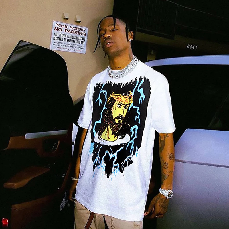 

T-shirt for men Kanye West Jesus is King Lightning White Tee Short for Women sleeve Clothing y2k tops Summer Hip Hop Music Tees