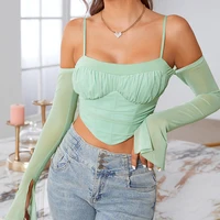 shefan summer sexy off shoulder blouses mesh double layers elastic with lining and sleeves single layer boned short top