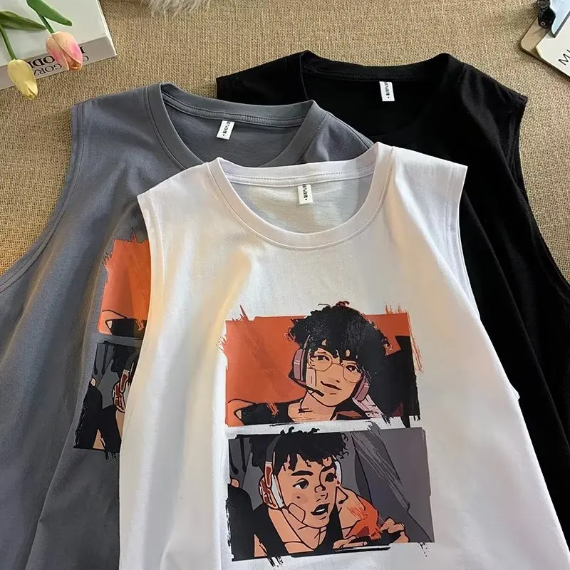 

Japanese Style Cotton Sleeveless T-Shirt Harajuku Anime Cartoon Graphic Tank Tops for Men Black White Vest Summer Streetwear Top