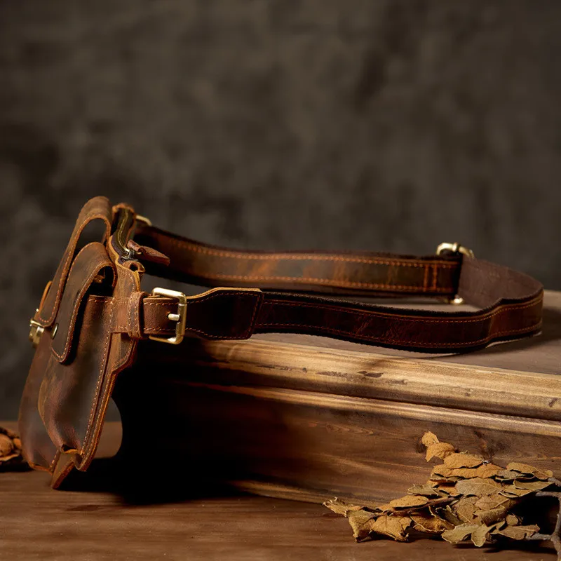 Retro Fashion Crazy Horse cowhide Men Brown Chest Pack Everyday Outdoor Designer natural real leather Sports Waist Bag for Teens