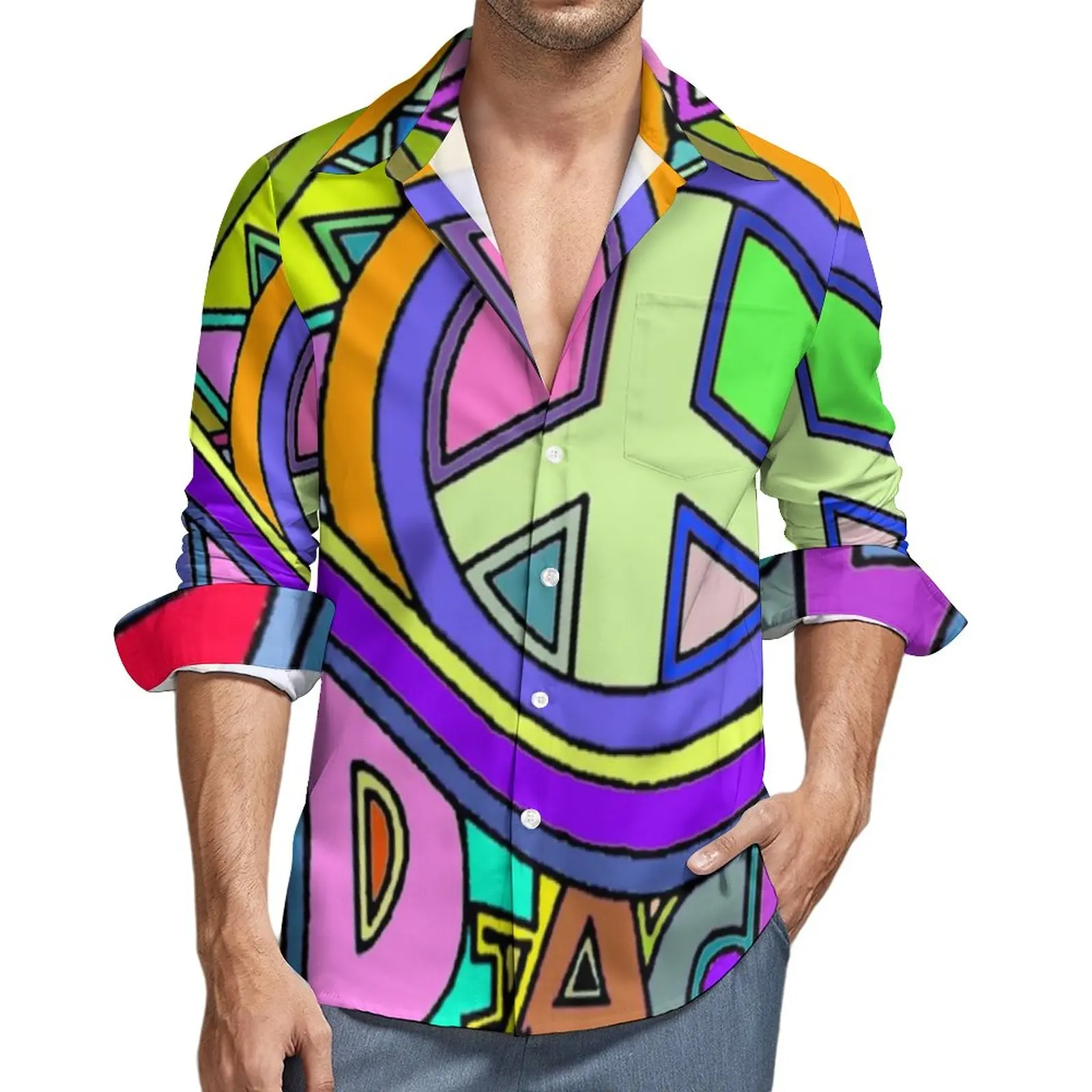 

Colorful Peace Casual Shirts Men Trippy Hippy Art Shirt Long Sleeve Vintage Y2K Blouses Spring Custom Clothing Big Size 3XL 4XL