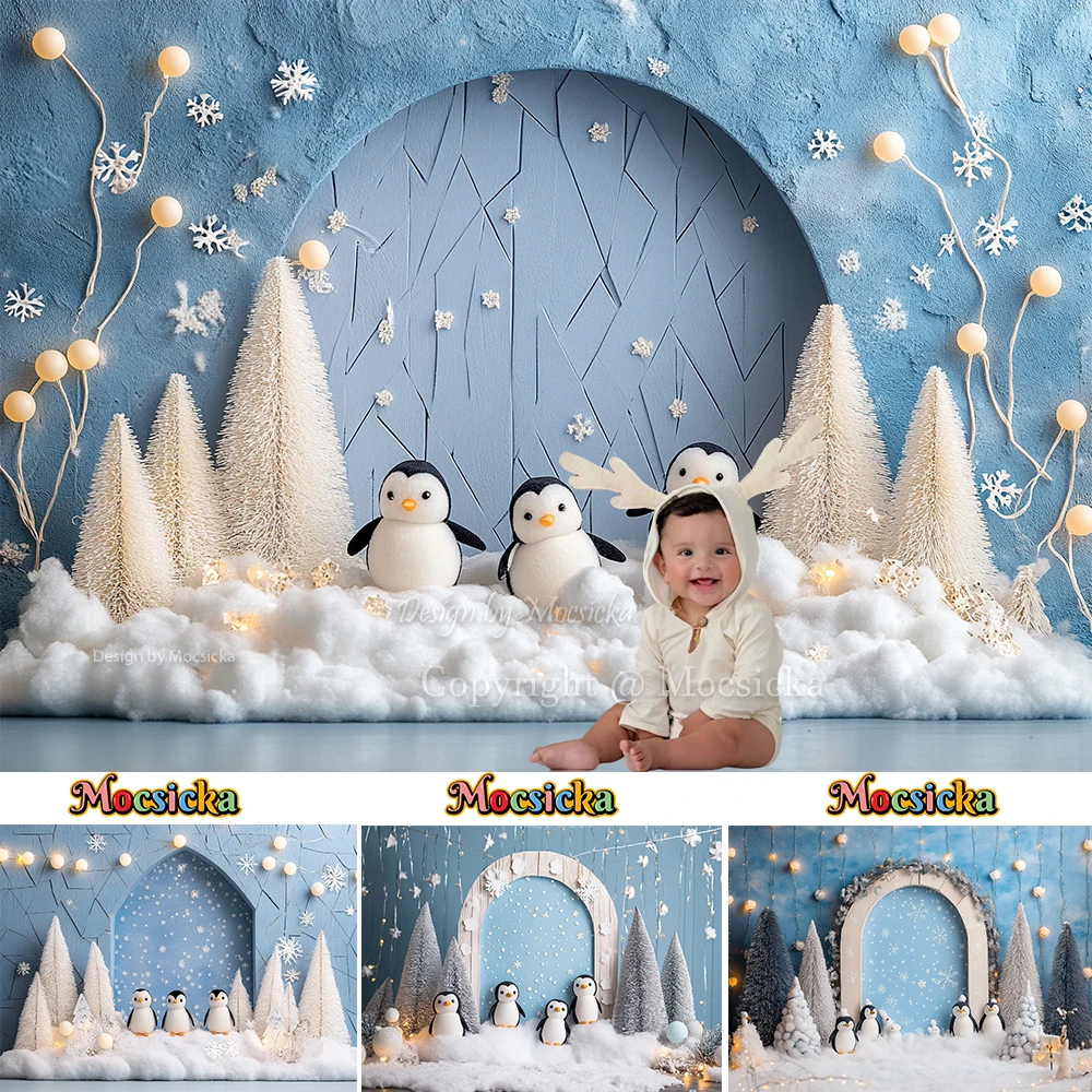 Mocsicka зимний фон для детской фотосъемки Пингвин Снежинка Голубой замороженный