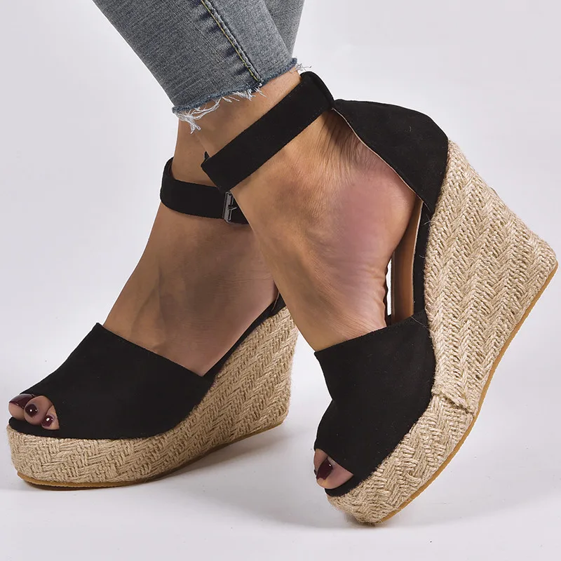 

Woman Sandals Summer Wedges Shoes Pumps High Heels Platform Peep Toe Buckle Strap Fashion Straw Hemp Rope Breathable Gladiator