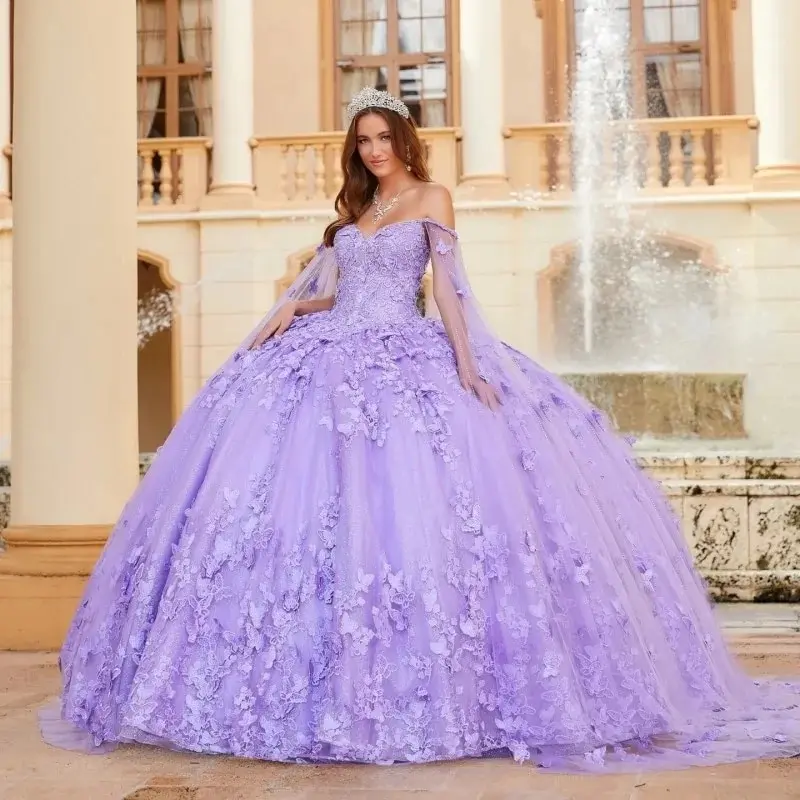 2024 лавандовые бабочки цветы платья Quinceanera бальное платье со съемной накидкой