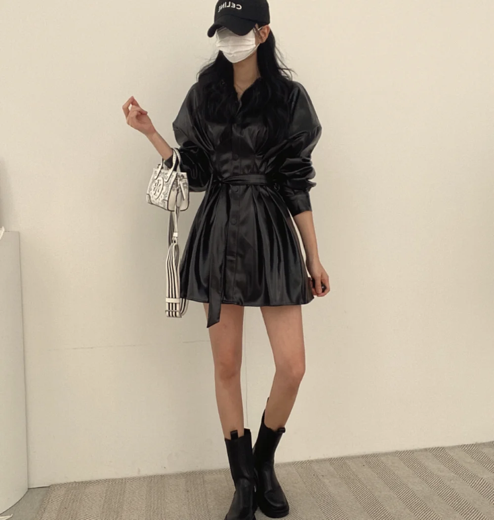 Korean Chic Retro Personality V-neck Single Breasted Lace Up Mid Length Motorcycle Jacket Leather Coat Women Korean Girl