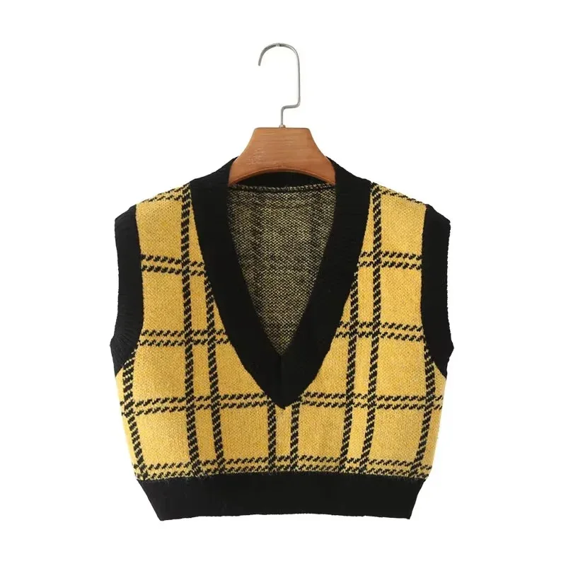 Американский уличный желтый клетчатый вязаный жилет женский короткий с глубоким