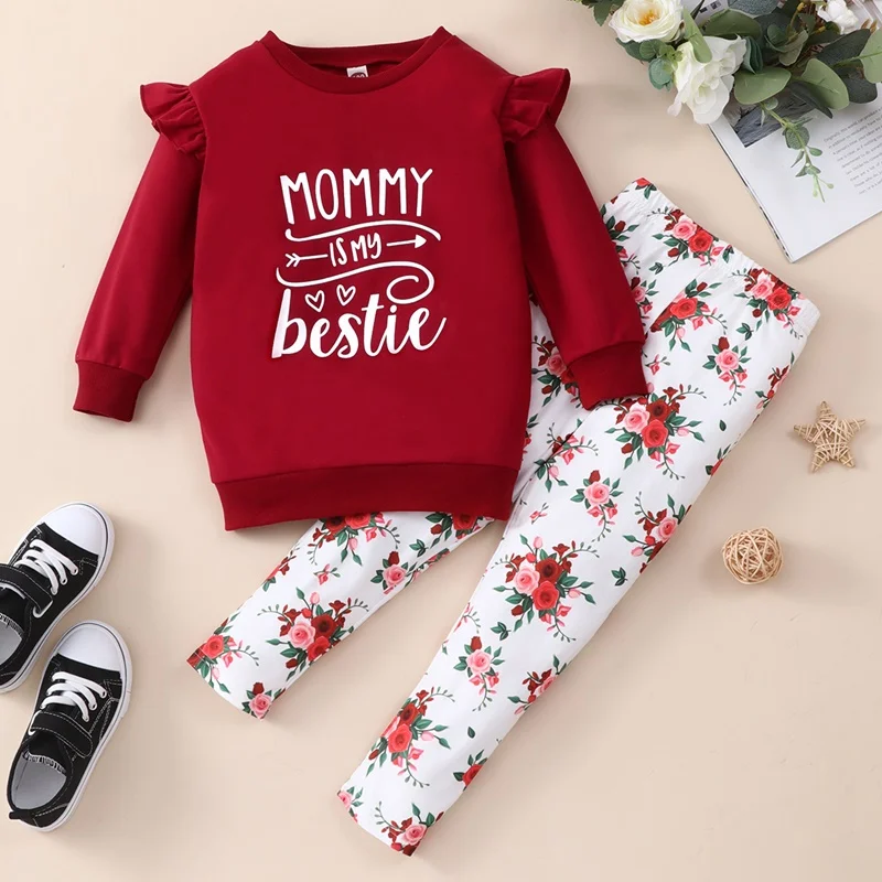 

Girls Clothing Set 2 Pieces Sets Cotton Letter Flying Sleeve Tops+flower Print Long Pants Spring Fall Casual Kids Clothes 1-6Y