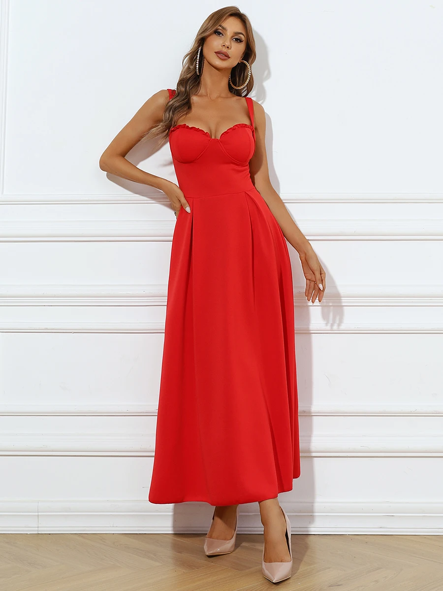 Spaghetti Strap Wedding Party Dress Red Long Dress Sexy V-Neck Robe Ball Gown for Wedding Cocktail Party Bachelor Party