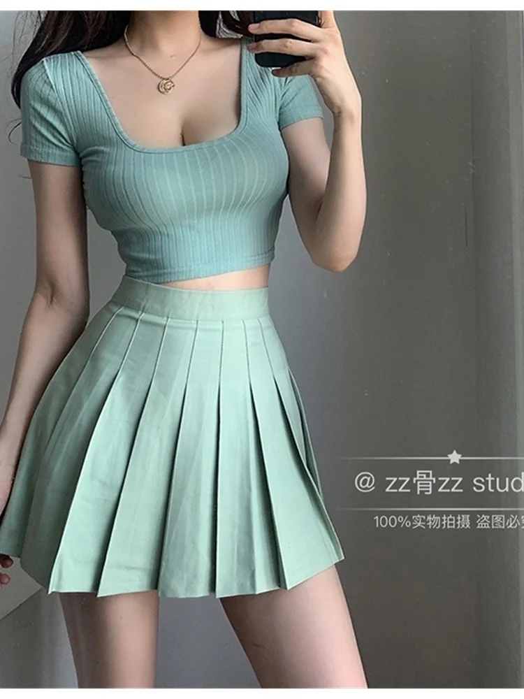 

Summer New O Neck Elegant Solid Color Short Navel Short Sleeve T Shirt Tees Tops Green Hot Sexy Korean Women U282