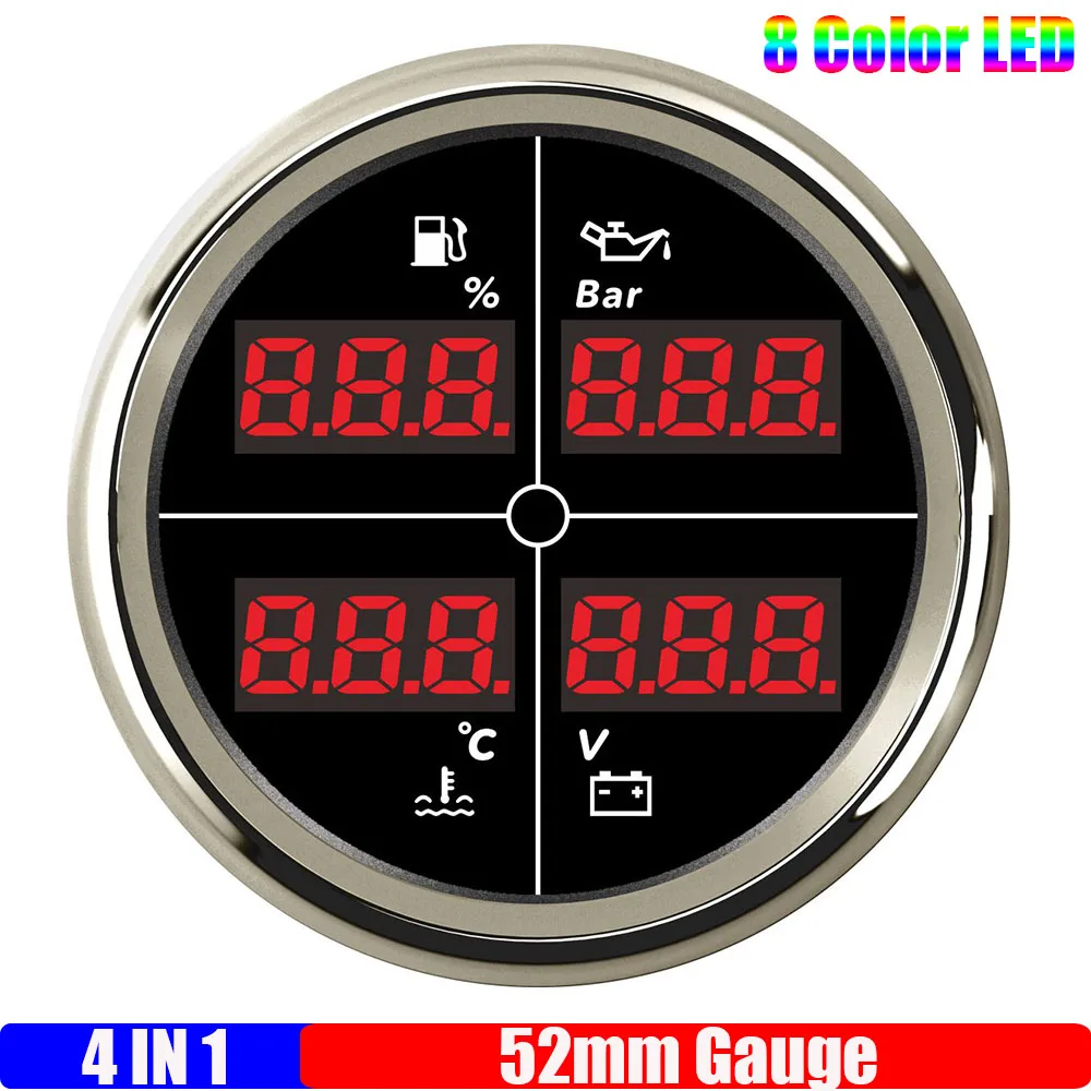 

8-цветный светодиодный цифровой датчик 52 мм для автомобиля, лодки, яхты, мульти 4 в 1, 0-190 Ом, датчик уровня топлива + давление масла + температура воды + вольтметр на заказ