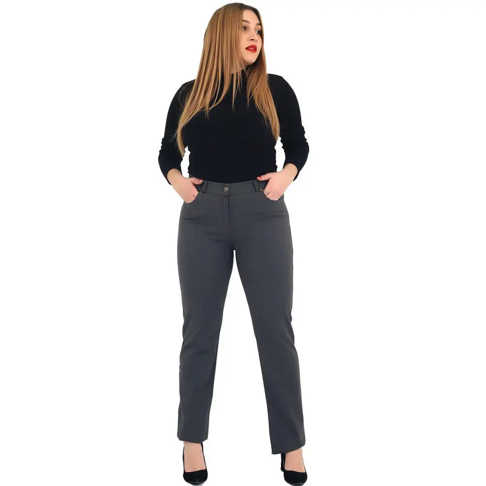 Ftof women large size pants Rg1029G fabric high waist straight leg wrist length pocket gabardine zipper closure buttoned brown Lac