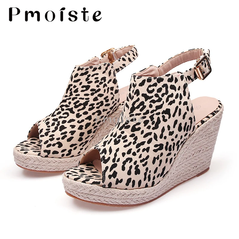Wedge Sandals For Woman Espadrille Buckle Slippers New Big Size 42 43 Fish Toe Fashion Leopard Print Women's Summer Shoes