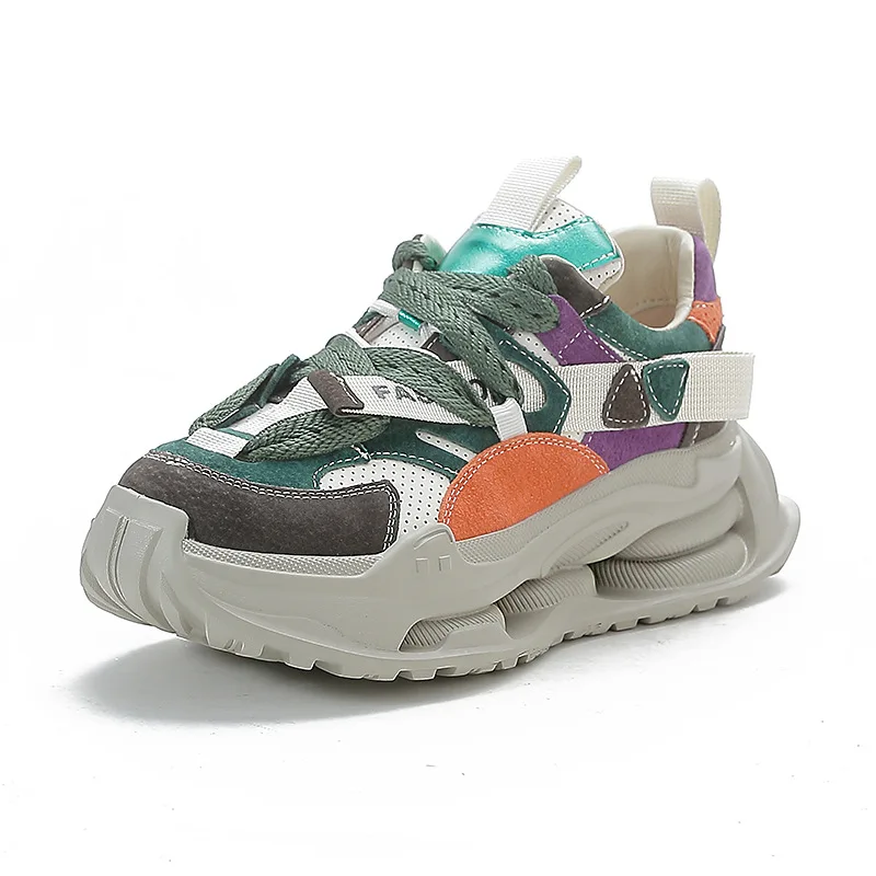 Autuspin Handmade Genuine Leather Women Sneakers Spring Summer Outdoor Leisure Students Lace-Up Sports Shoes Office Lady Size 40