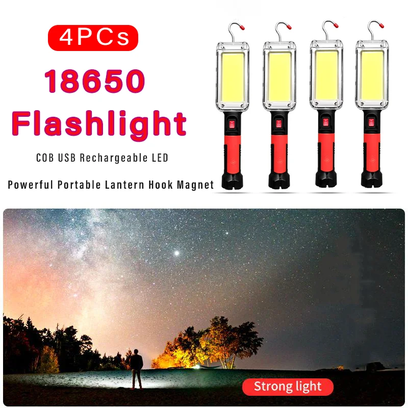 

Мощный портативный светодиодный фонарь, магнитный фонарь с крючком для кемпинга, COB USB Аккумуляторный водонепроницаемый фонарь 18650