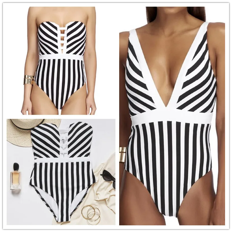 

2022 fashion bikini Vertical Stripe Print backless triangle one-piece swimsuit new sexy white swimsuit women