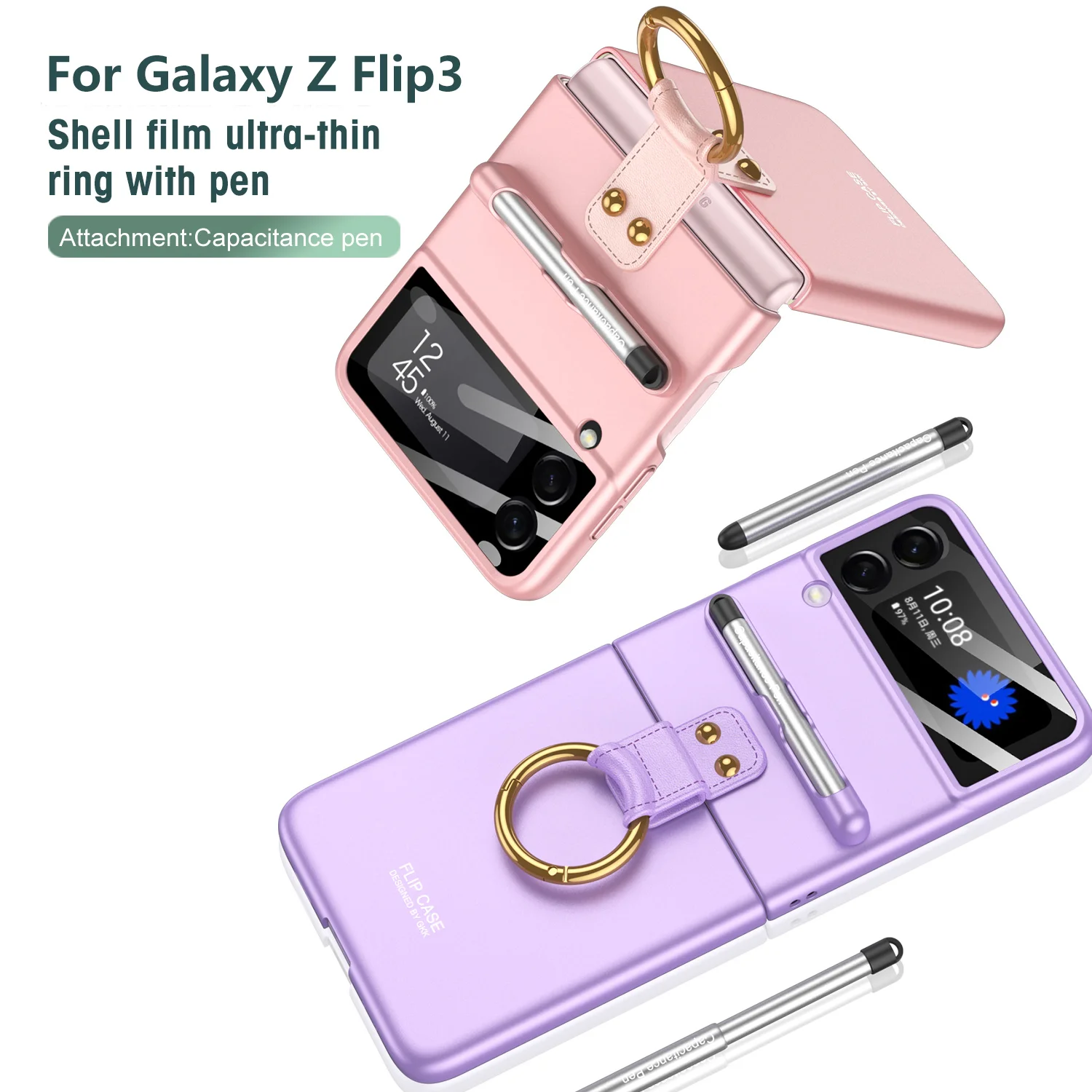 

(With Pen) Ring PC Hard Case For Samsung Galaxy Z Flip 3 5G Phone Case Pen Slot Protective Film thin solid color funda for flip3