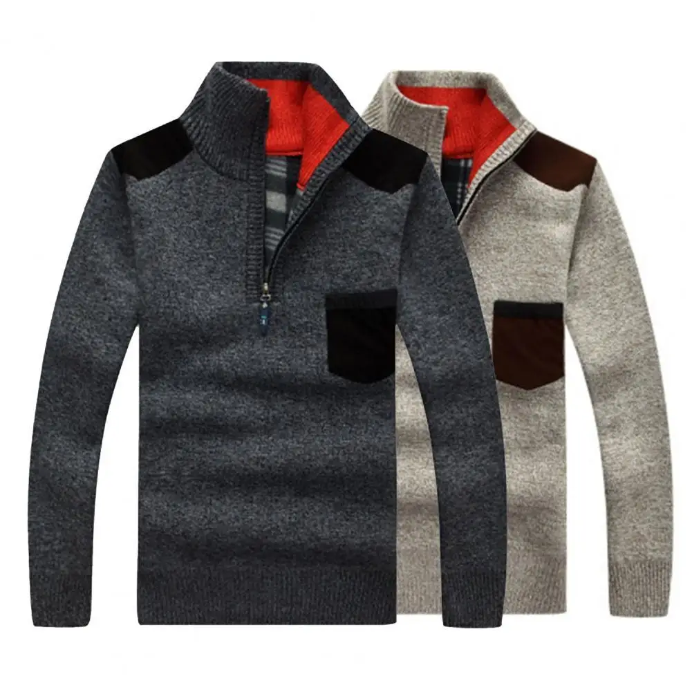 

Autumn Sweater Knitted Pullover Thick Warm Sweater Slim Pullover Knitwear Pull Homme Stand Collar Patchwork Slim Spring Sweater