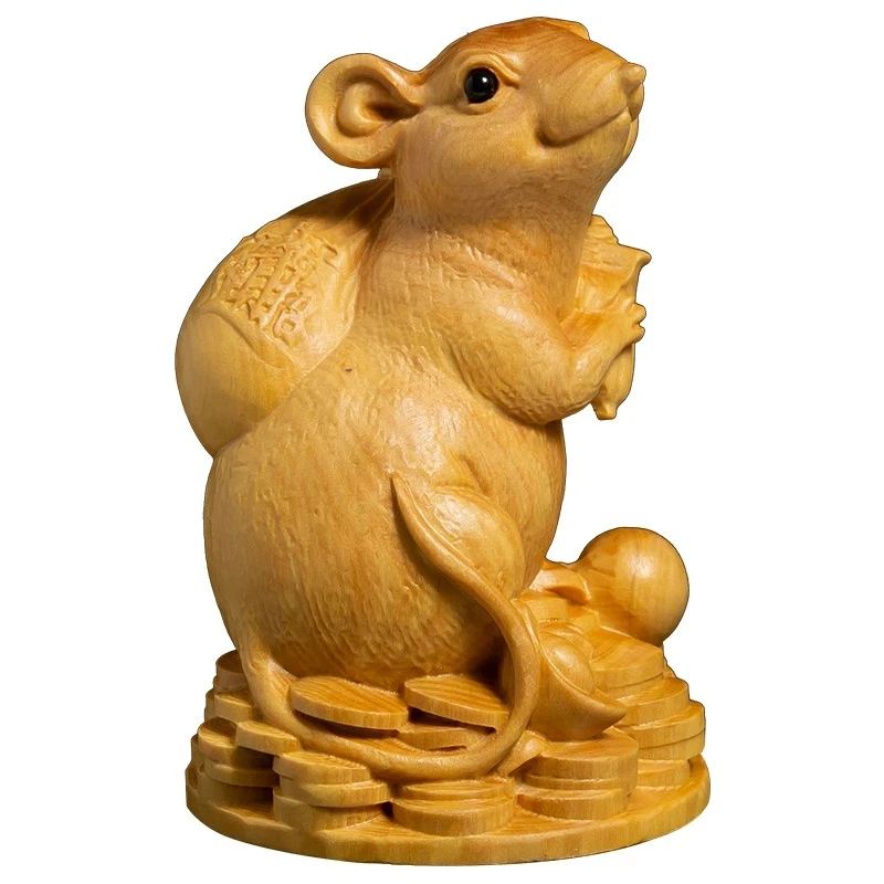 

Статуя богатая крыса из самшита, Зодиак на удачу, фэн-шуй, декоративная резьба по дереву для гостиной, ремесла, Золотая мышь, скульптура в вид...