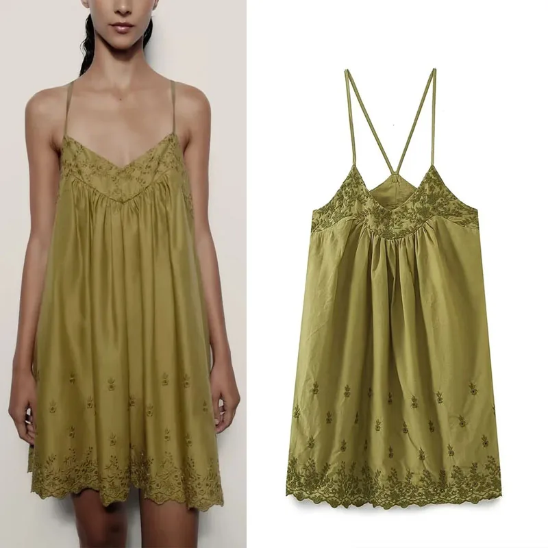 

TRAF Solid Embroidered Mini Dress For Woman 2023 Fashion V-neck Thin Straps Dresses Women Sexy Backless Beach Short Dress