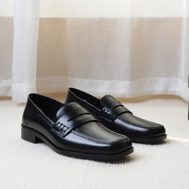 Elmsk Fashion Square Toe Genuine Leather Shoes Loafers Women Retro Solid Slip-On Flat Shoes