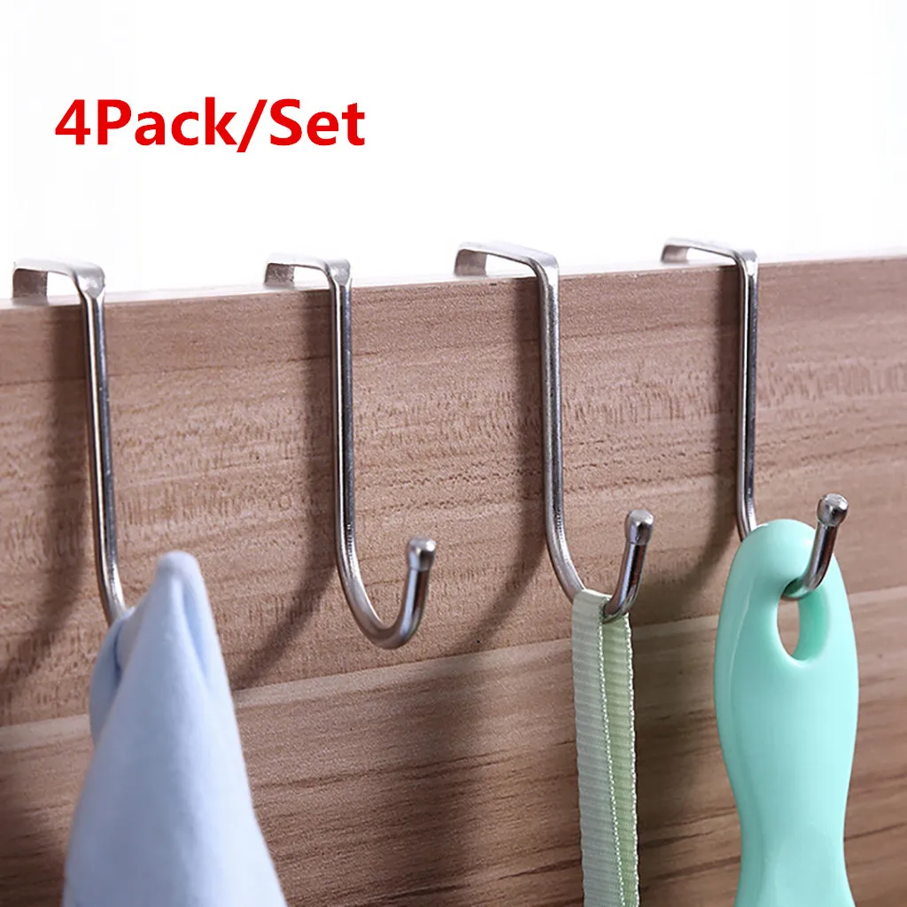 

4PC S-Type Door Hanger Stainless Steel Over The Cabinet Door Hook Door Hangers Bathroom Kitchen Nail-Free Wall Mounted Coat Rack