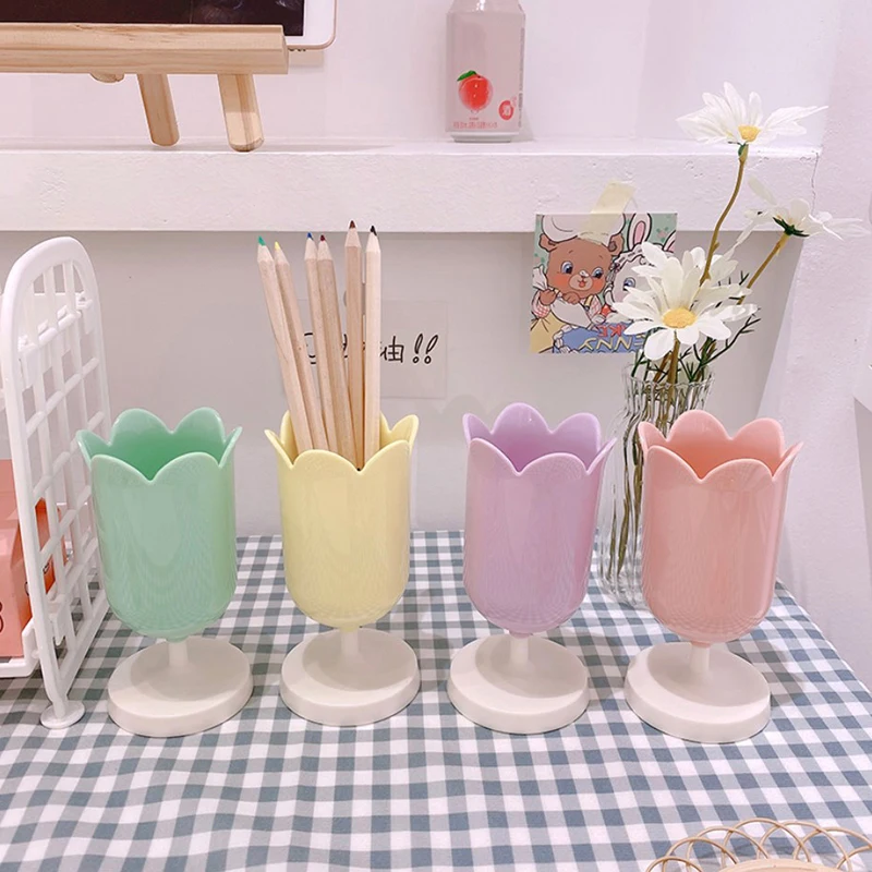 

Macaron Color Petal Girl Heart Pen Holder Makeup Brush Storage Bucket Retro Flower Desk Organizer Pen Storage Brush Stand Holder