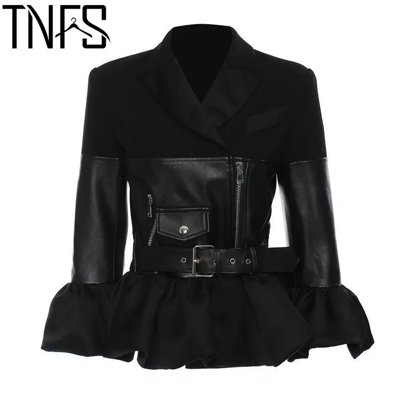 

TNFS Women Coat Patchwork PU Spliced Ladies Jacket Full Sleeve Zipper Ruffles Short High Waist Locomotive Jackets Tops 2022