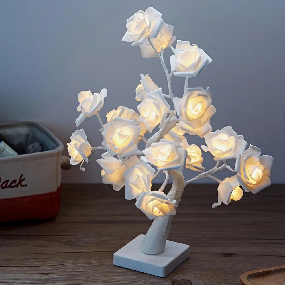 

White Powder Rose Home Decoration Simulation Tree LED Table Lamp Christmas Wedding Table Lamp Bedside Bedroom Night Light