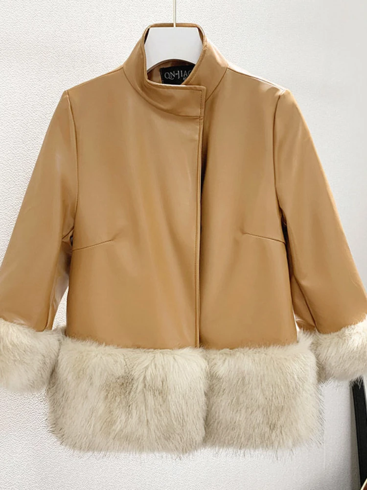

Winter New Faux Fur Coat Fox Fur Patchwork Fur Jacket Autumn Casual Stand Collar Leather Coat Three Quarter Sleeve Korean Style