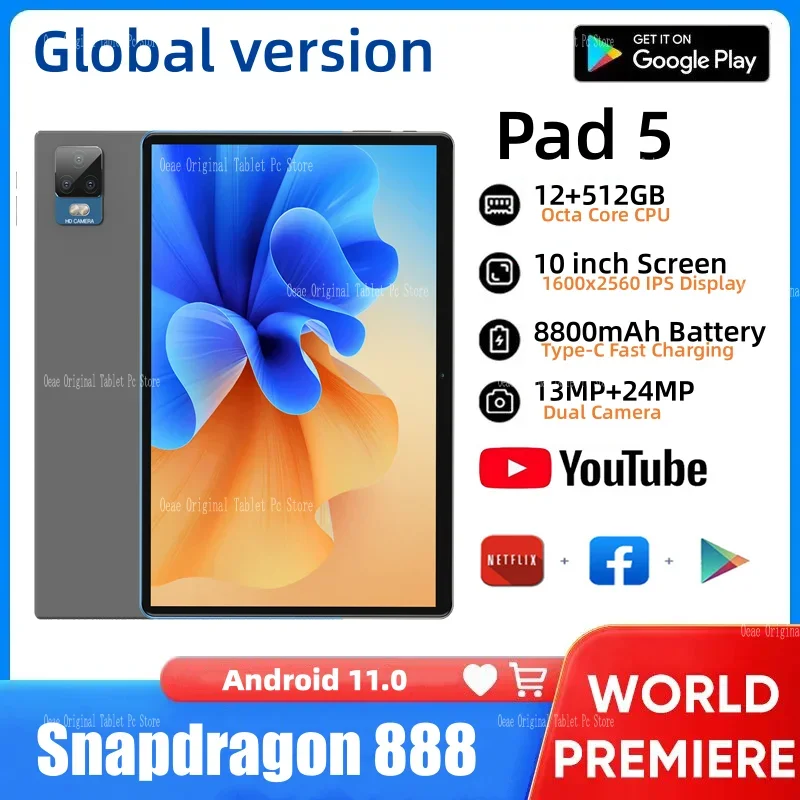 

Планшет 5 с глобальной прошивкой, 10 дюймов, Android 11, Snapdragon 888, Google Play, ПЗУ 256 ГБ/512 ГБ, аккумулятор 8800 мАч, планшеты Pad 5