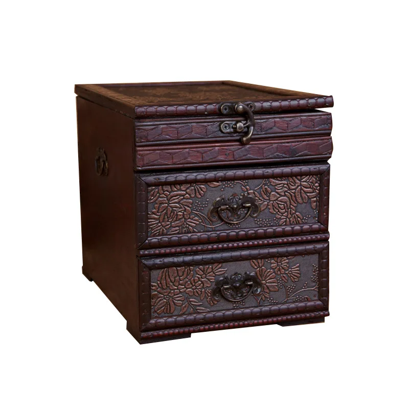 Luxury Retro Vanity Box Desktop Storage Box Jewelry Drawer Wood Creative Jewelry Storage Box Case Double Layer with Mirror Gift