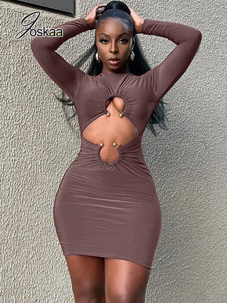 Joskaa Nude Color Round Neck Long Sleeve Bodycon Dress Sexy Hollow Out Folds Mini Dresses for Women 2022 Autumn Night Club Wear