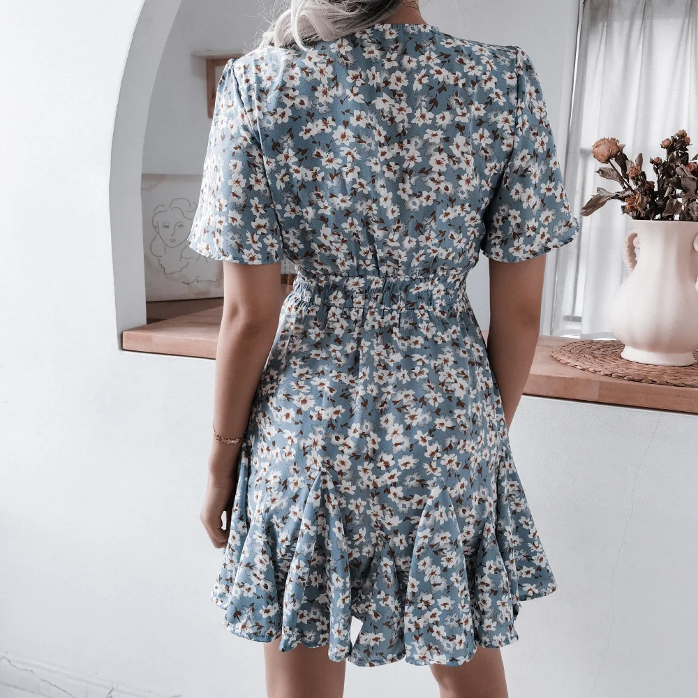

Casual slim elegant sexy 2023 new dress, Summer Casual Short Sleeved V-neck floral Ruffle Pleated Dress for women