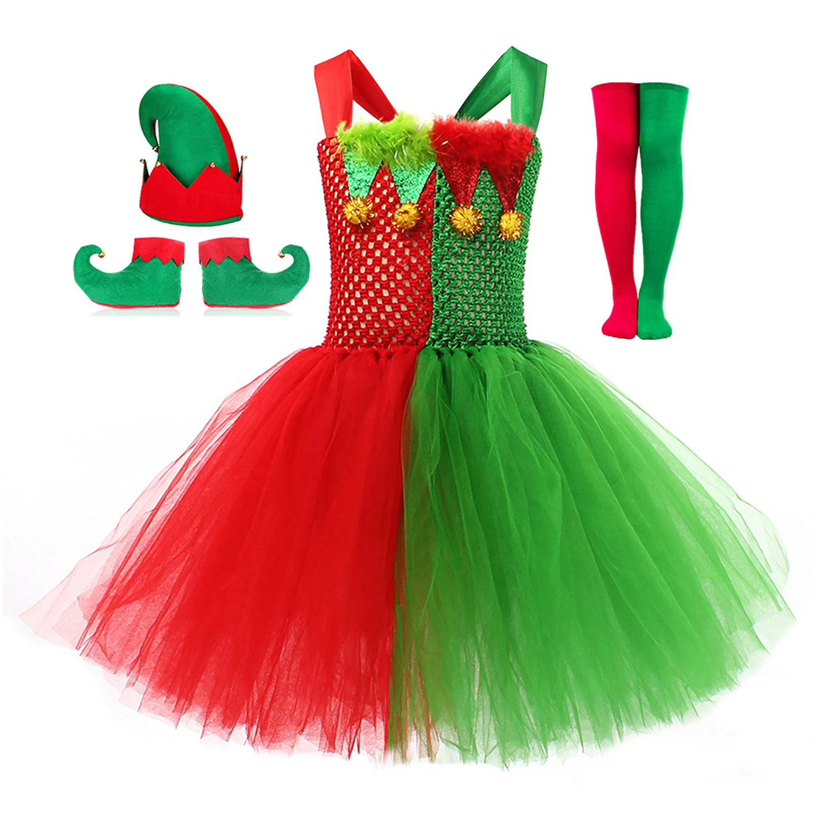

Christmas Elf Clothing Kids Girls Cutout Tutu Dress Hat Shoes Stockings Suit for Halloween Xmas Masquerade Party Cosplay Costume