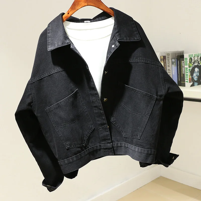 

Vintage Washed Black Denim Jacket Coat Women Korean Loose Short Student Outerwear Long Sleeve Big Pocket Jeans Jackets Female