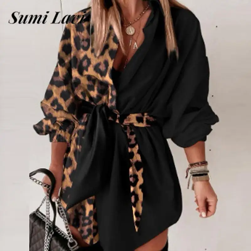 

Женское платье-рубашка с отложным воротником, длинным рукавом и леопардовым принтом