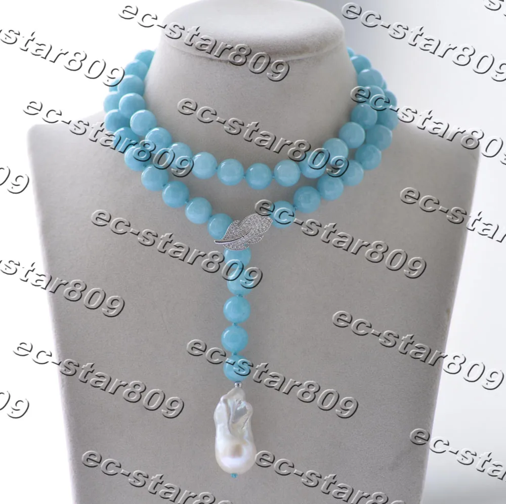 

MCT·STAR Z11270 27" 30mm Round Blue Aquamarine Bead Necklace White KESHI Pearl Pendant