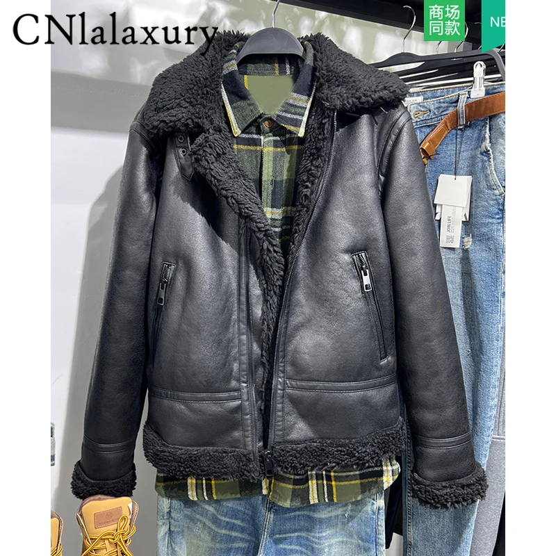 

CNlalaxury Winter Men Black Imitation Leather Jacket Fashion Warmth Long Sleeve Splicing Lambhair Locomotive Jackets Zip Pocket