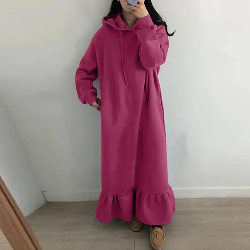 

Autumn Winter Long Loose Hooded Ruffle Dress Women Harajuku Warm Sweatshirt Dress 2022 Solid Color Pocket Hoodies Dress Vestisos