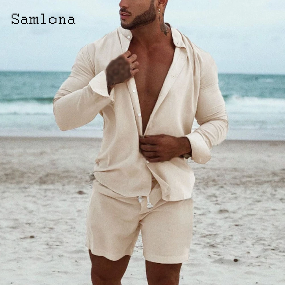 England Style Fashion Two Pieces Outfit Men Long Sleeve Blouse Shorts Sets Sexy Mens Clothing 2022 Summer New Casual Men Set
