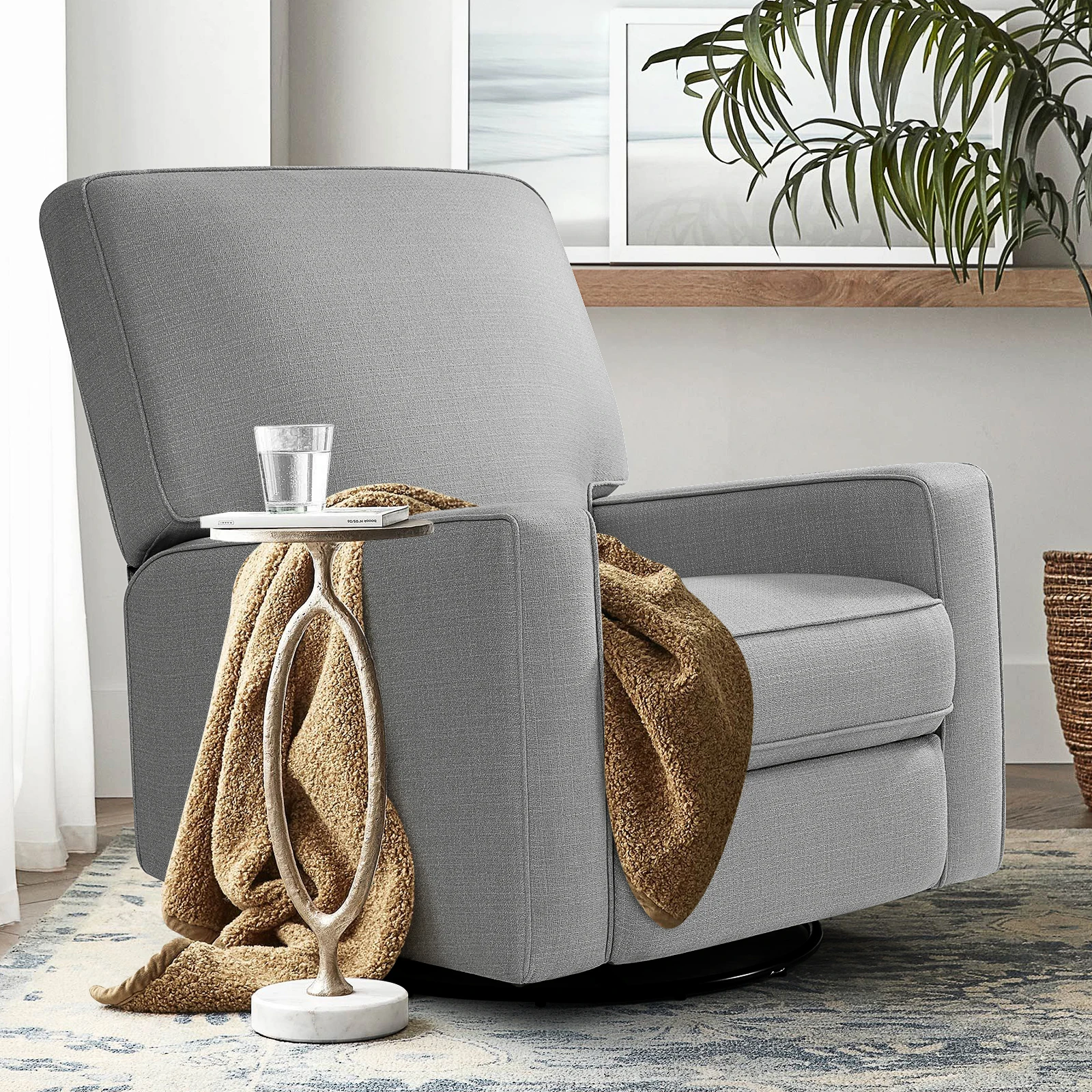 Eskimo Large 360° Swivel Rocker Recliner Chair,Cotton Linen Woven Fabric Nursery Rocking Chairs, Manual Reclining Chair (Grey)
