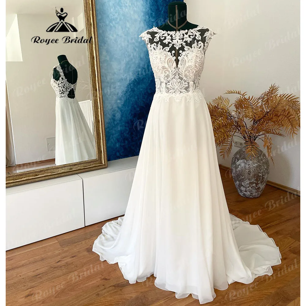 

Vintage Chiffon Lace Bodice Boho Civil Wedding Dress Cap Sleeve Backless 2023 Women Bridal Gown Countryside vestido de noiva