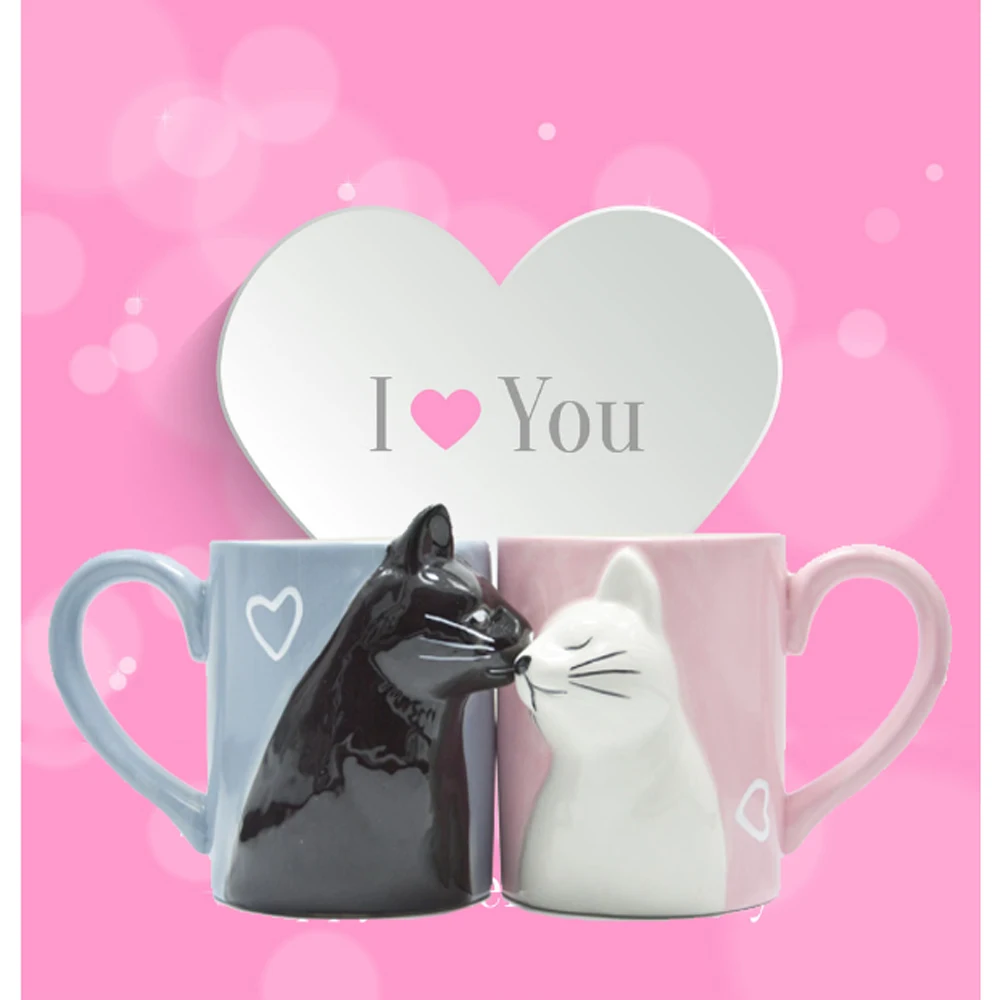 

2pcs Luxury Kiss Cat Cups Couple Ceramic Mugs Married Couples Anniversary Morning Mug Milk Coffee Tea Breakfast Valentines Day