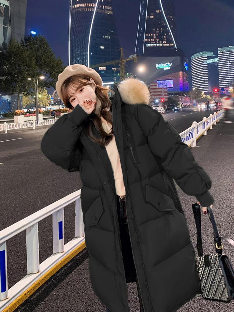 Women's Winter Long Down Cotton Jacket Korean Stye Large Fur Collar Hooded Thick Parkas Warm Loose Clothing Women Coat 2022