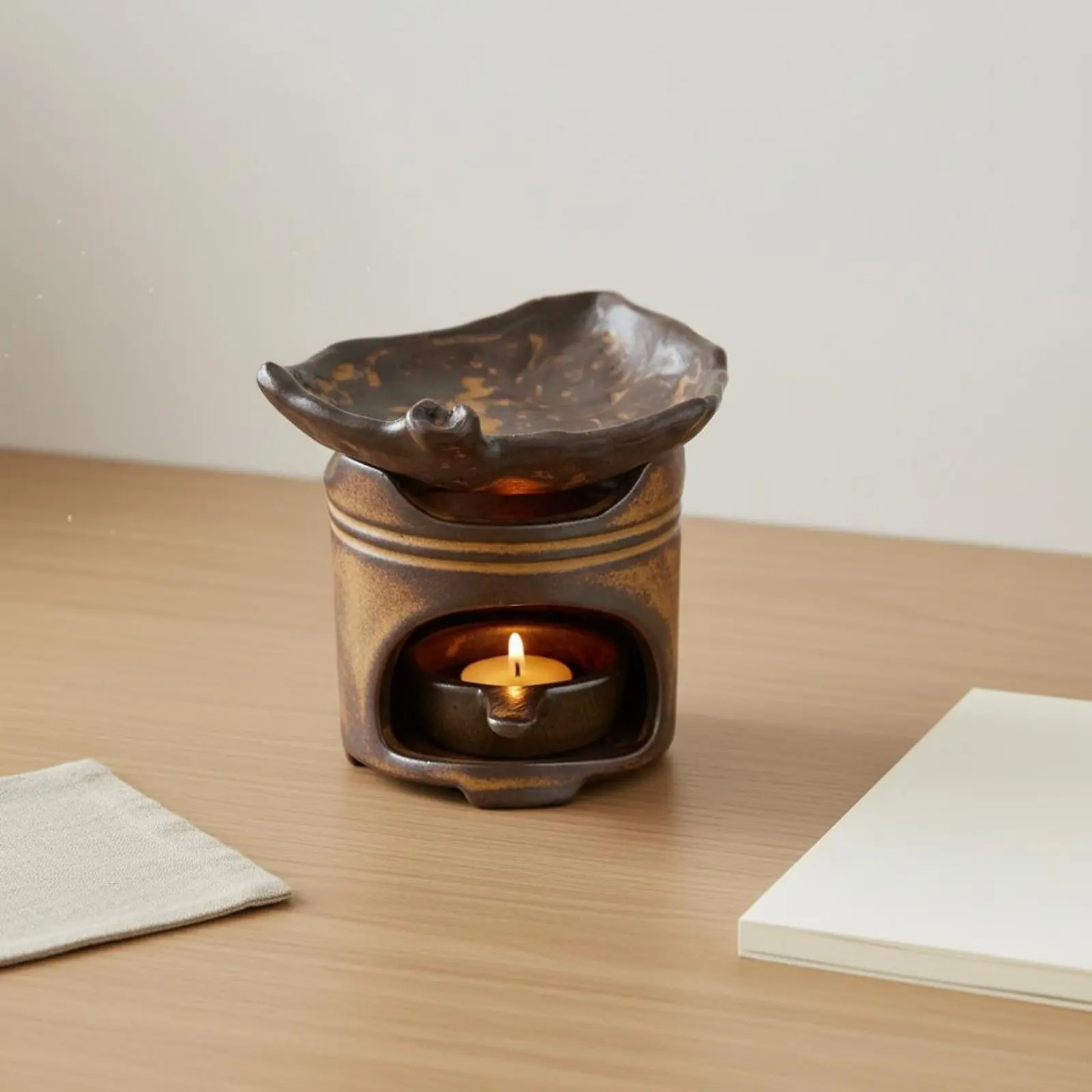 Фото Керамическая аромалампа для чая с дизайном в стиле Tranquil Inspired, работающая от свечи, для ароматизации маслом, в деревенском стиле, винтажный дизайн №3